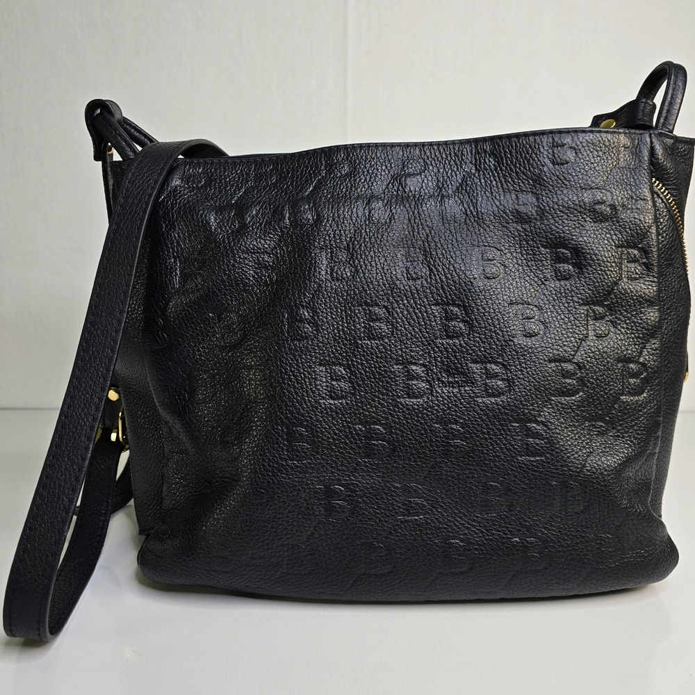 Sara Burglar Black Pebbled Leather Embossed Logo Shoulder Bag Made in Italy